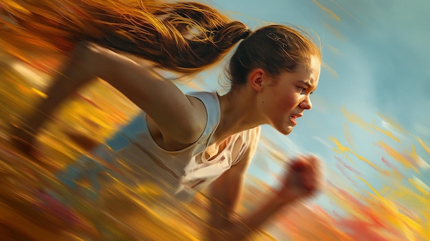 a woman running in a field with a blurred background of trees and a blurry background