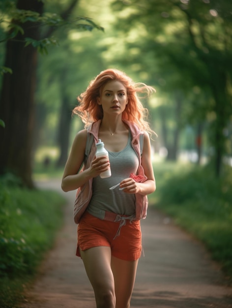 A woman running on a forest path with a bottle of water.