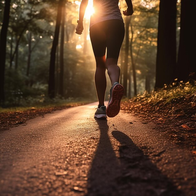 a woman running in the forest with a bottle of water in her hand.