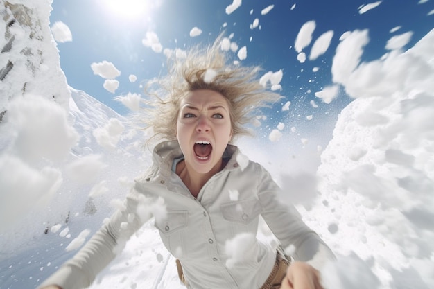 Woman running from a snow avalanche in selfie Generative ai