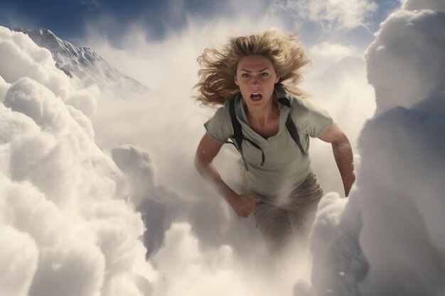 Woman running from a snow avalanche showcasing Generative ai