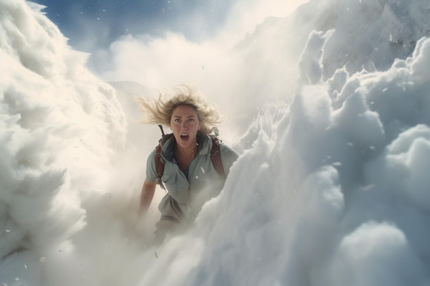 Woman running from a snow avalanche showcasing Generative ai