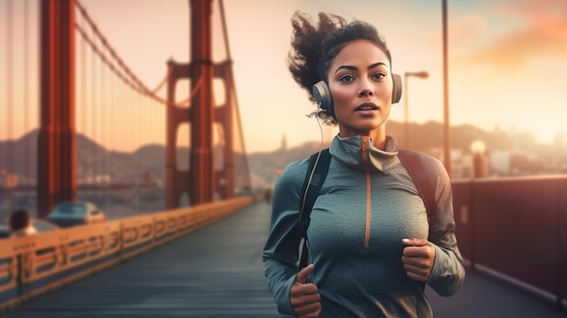 A woman running in front of a bridge with the golden gate bridge in the background.