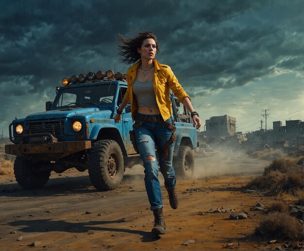 Photo a woman running in front of a jeep