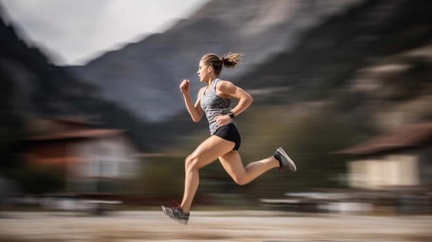 A woman running in front of a mountain