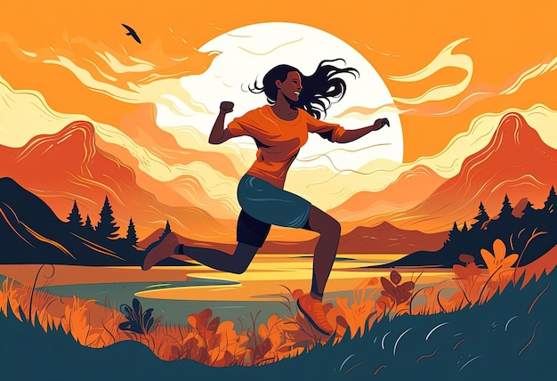 a woman running on the grass in the style of flat illustrations