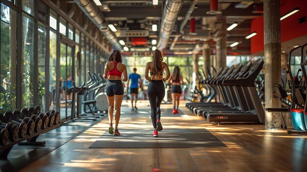 Photo a woman running in a gym with a sign that says  free