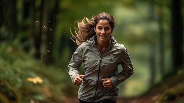 Фото Женщина в легком спортивном костюме бежит по лесу.