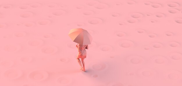 写真 傘をさして雨の中を走っている女性。 3dイラスト。スペースをコピーします。