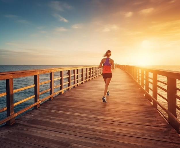 Woman running ocean beach board Generate Ai