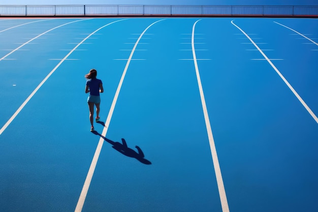 写真 大学で青いコースで走る女性 アスリート女子 大学で陸上でジョギングする女性