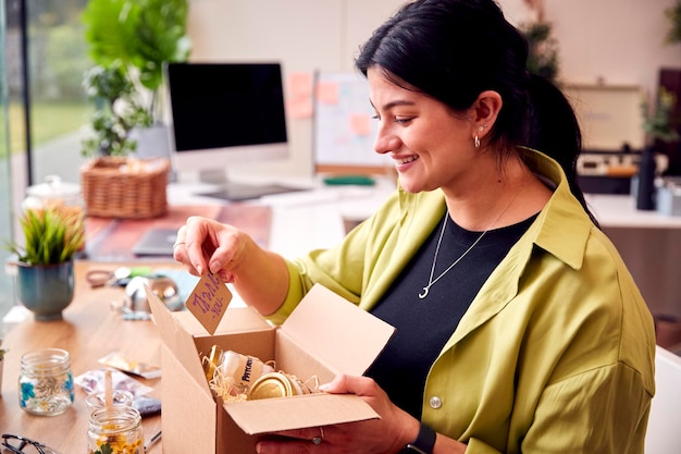 Женщина, занимающаяся онлайн-бизнесом из дома, упаковывает и маркирует бутик-свечи, готовые к отправке