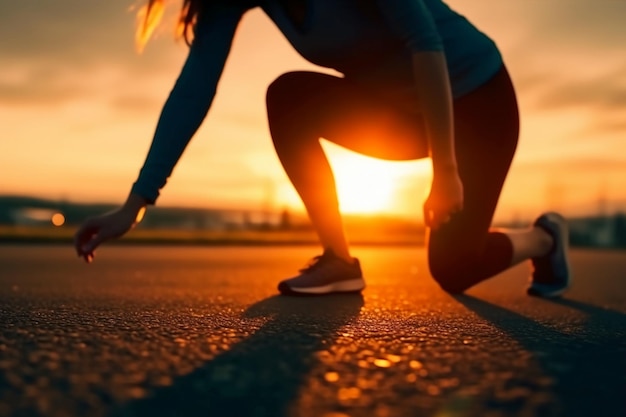 A woman in a running outfit is about to start a run.