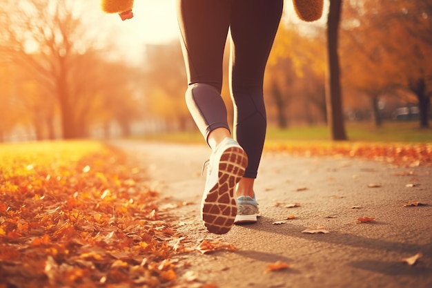 A woman running in a park with autumn leaves on the ground.