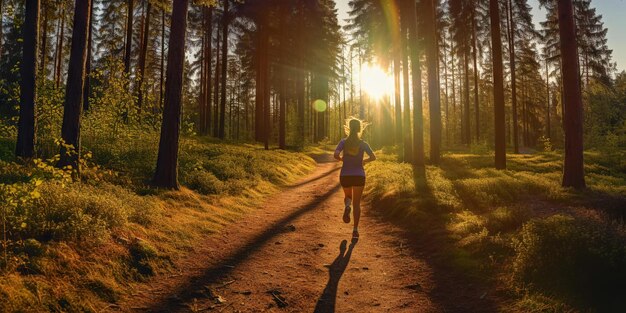 Woman running in park with green trees on beautiful summer day Sport fitness concept Generative AI