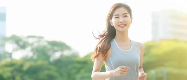 A woman running in a park with the sun shining on her face