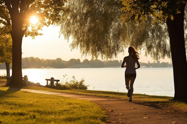 a woman running on a path next to a body of water