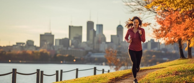 Photo a woman running on a path near a body of water