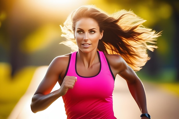 Photo woman running in pink shirt and black pants