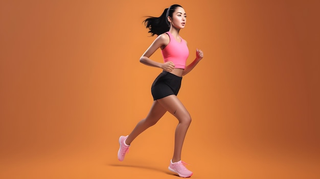 A woman running in a pink top and black shorts.