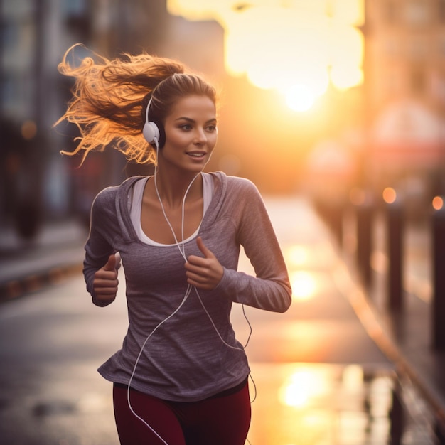 woman running in the rain with headphones