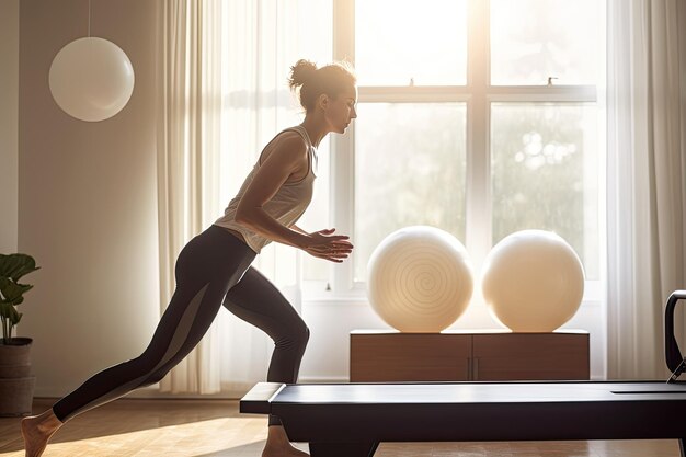 A woman running on a reformer in a room