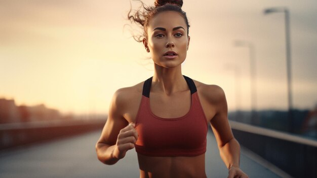 A woman running on a road with the sun setting behind her