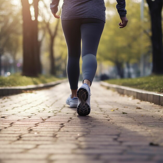 a woman running on a sidewalk in a park with trees in the background.