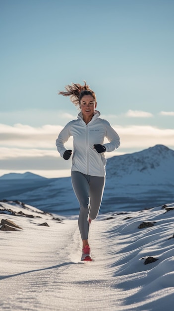 Woman running on the snow female runner