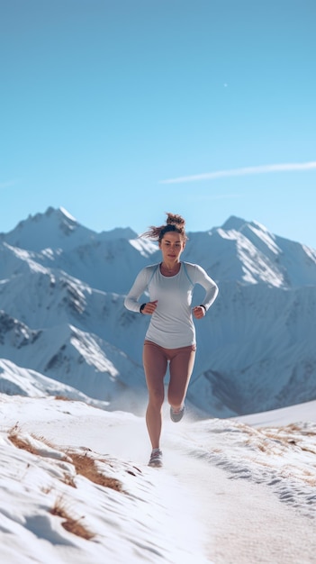 雪の上を走る女性 女性ランナー