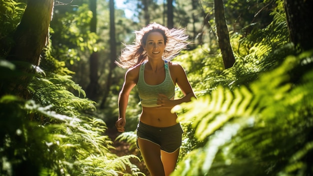 A woman running through a forest with trees in the background