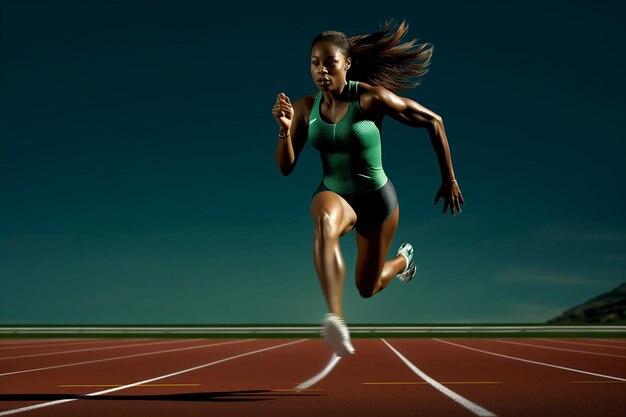 Photo a woman running on a track with a blue background