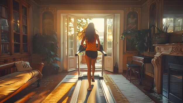 Woman Running on Treadmill in Home Gym at Sunrise