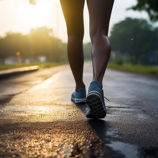 太陽の光が足に当たる濡れた路面を走る女性。