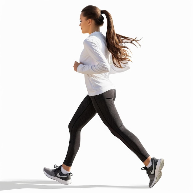 Woman Running in White Shirt and Black Leggings