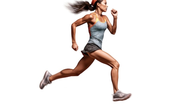 a woman running with a hat on her head and a red bandana on her head.