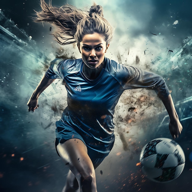 женщина бежит с футбольным мячом в воздухе