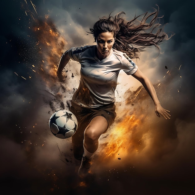 a woman running with a soccer ball in her hand