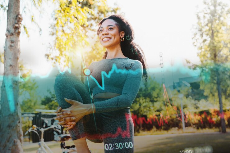 Photo woman runs and does fitness exercises outdoor in a sunny day