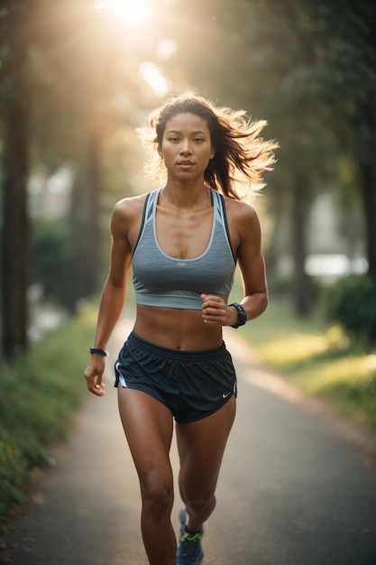 Женщина бежит по тропинке в утреннем солнце