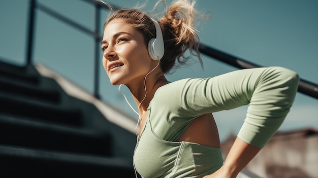 A woman runs down stairs with headphones on.