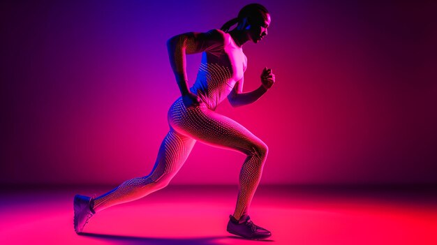 A woman runs in front of a pink and purple light