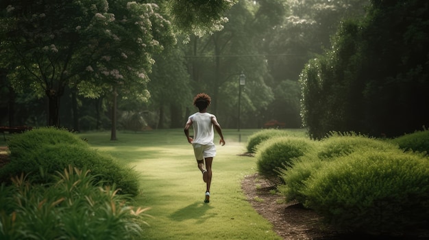 A woman runs on a green lawn in a park.