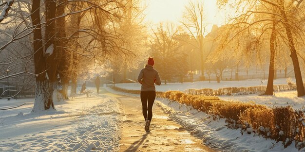 Photo a woman runs on a snowy path in the winter