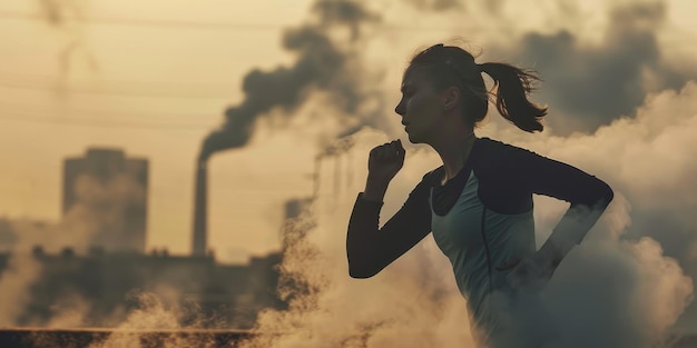 Photo a woman runs through a smoggy city