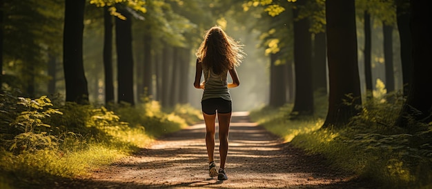 Foto una donna corre su un sentiero in una mattinata di sole su una strada forestale contro la direzione della luce solare