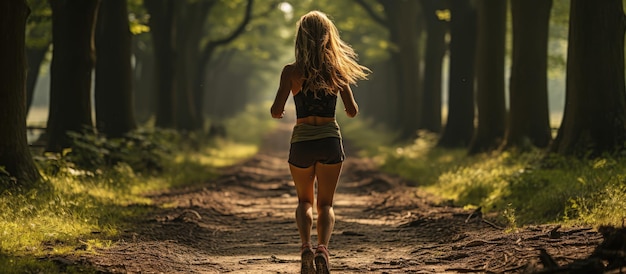 A woman runs on a trail on a sunny morning on a forest road against the direction of sunlight