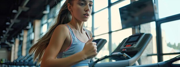 Photo a woman runs on a treadmill in the hall selective focus