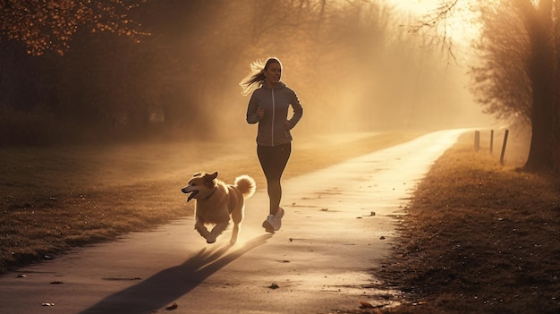 A woman runs with her dog on a foggy morning.