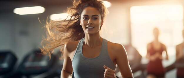 a woman runs with her hair blowing in the wind